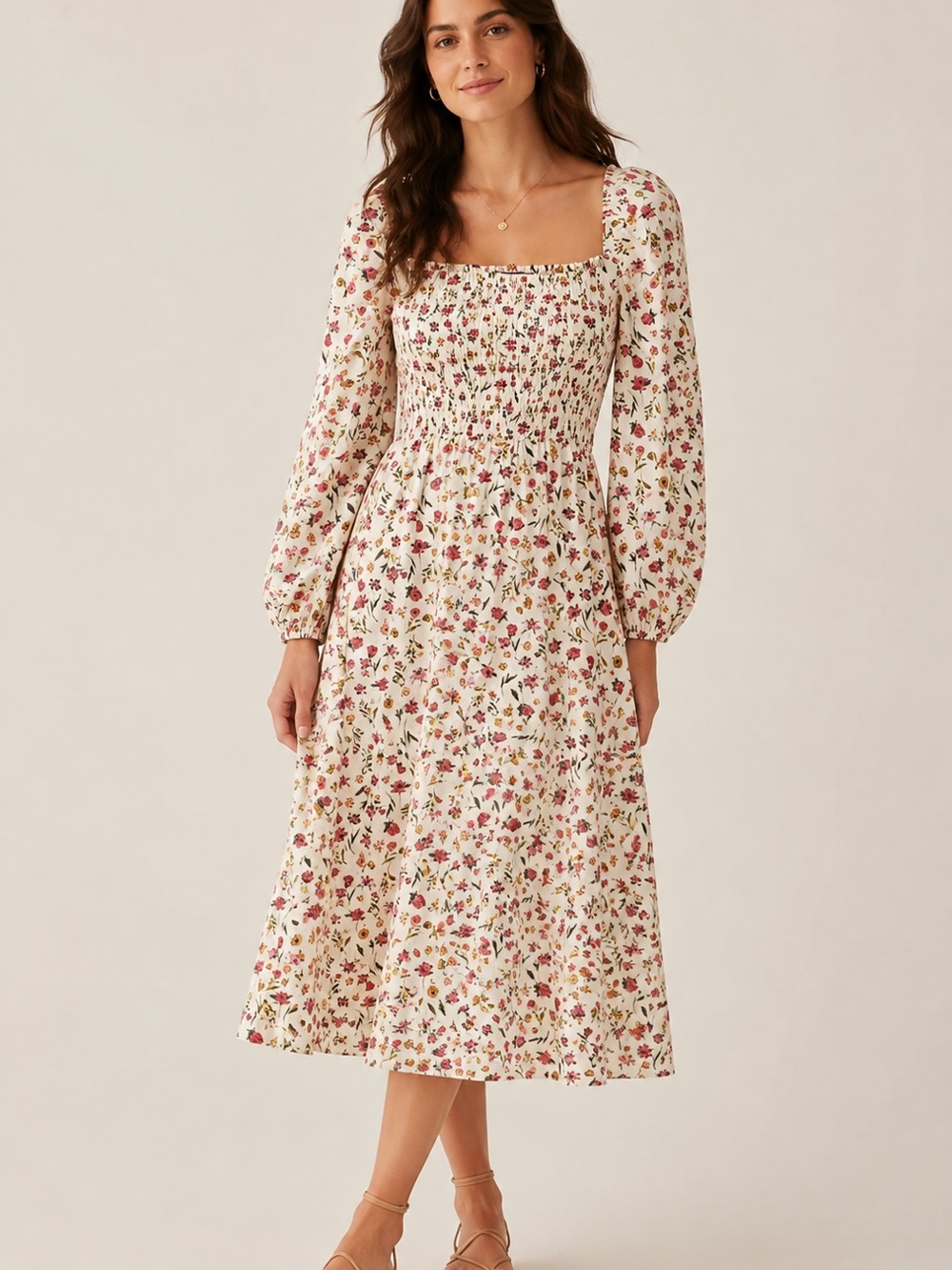 J. Crew Smocked Square Neck Midi Dress in Vintage Floral